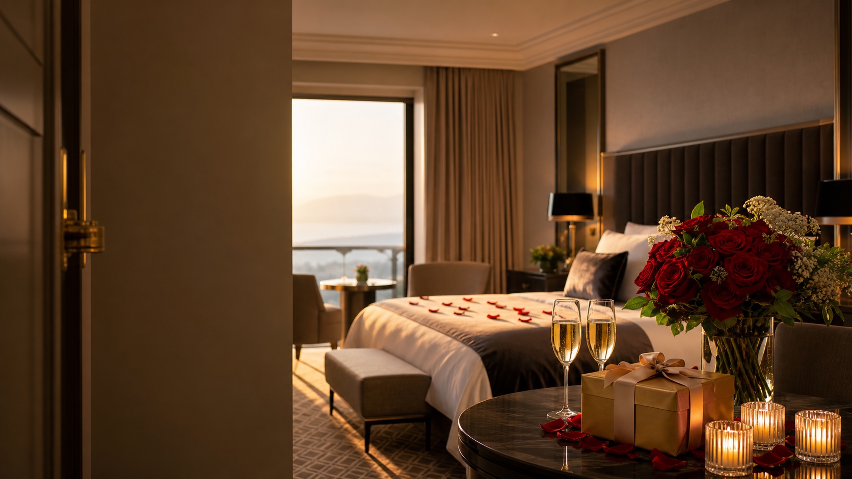 Elegant hotel room prepared with gifts, flowers, candles, and a special occasion surprise.