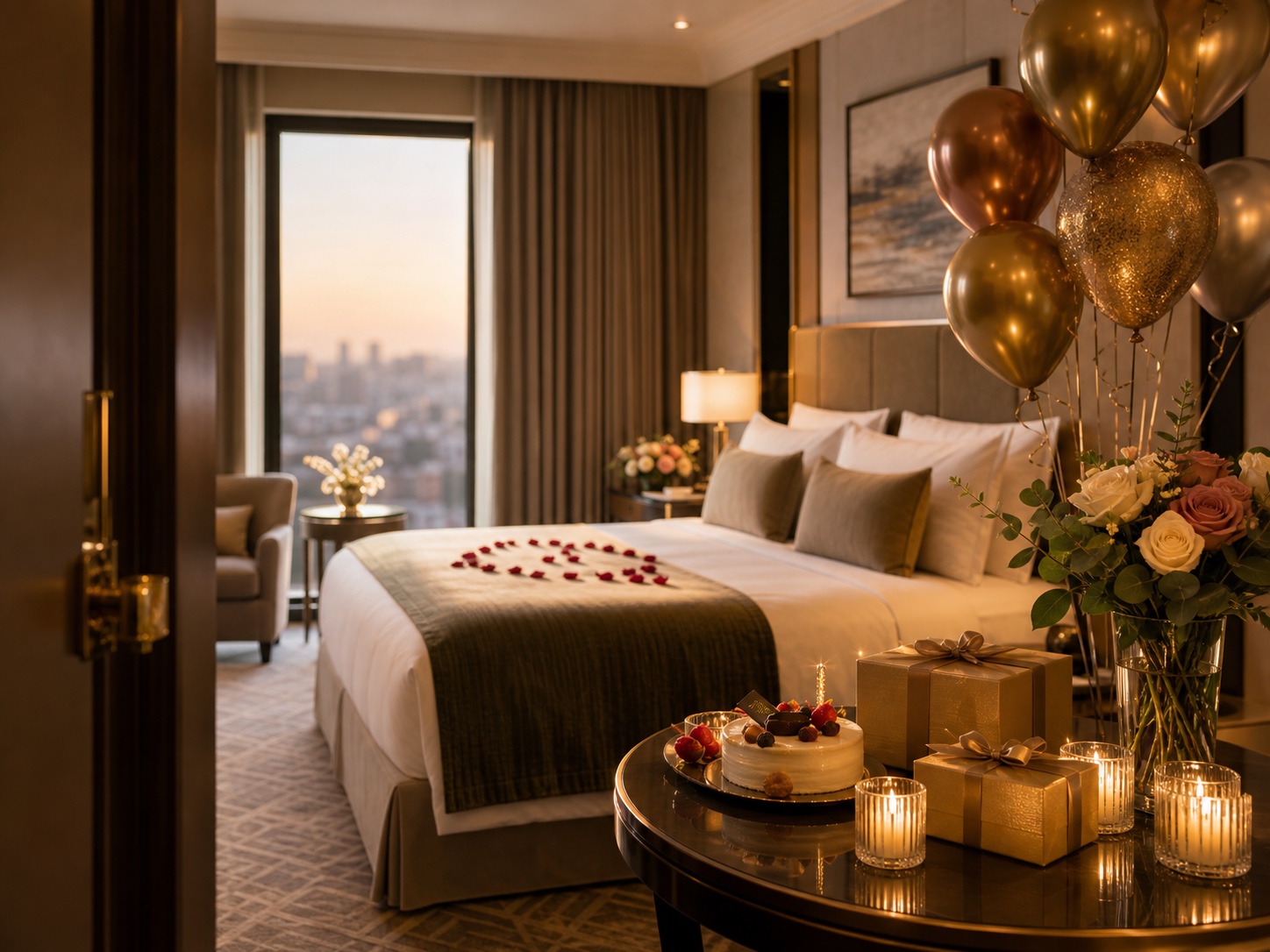 Elegant floral arrangement styled for a special hotel room arrival.