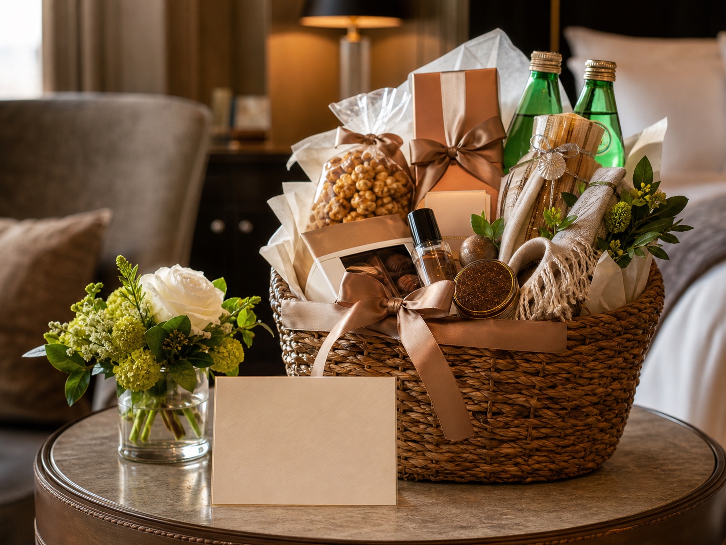 Premium gift basket with wrapped treats and keepsakes.