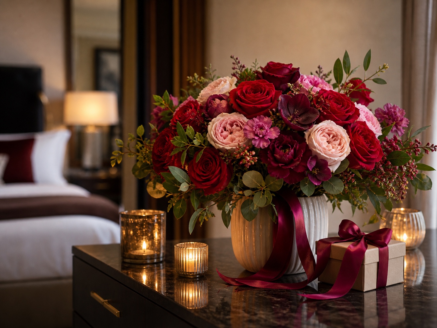 Hotel room prepared with balloons, gifts, dessert, flowers, and candles.